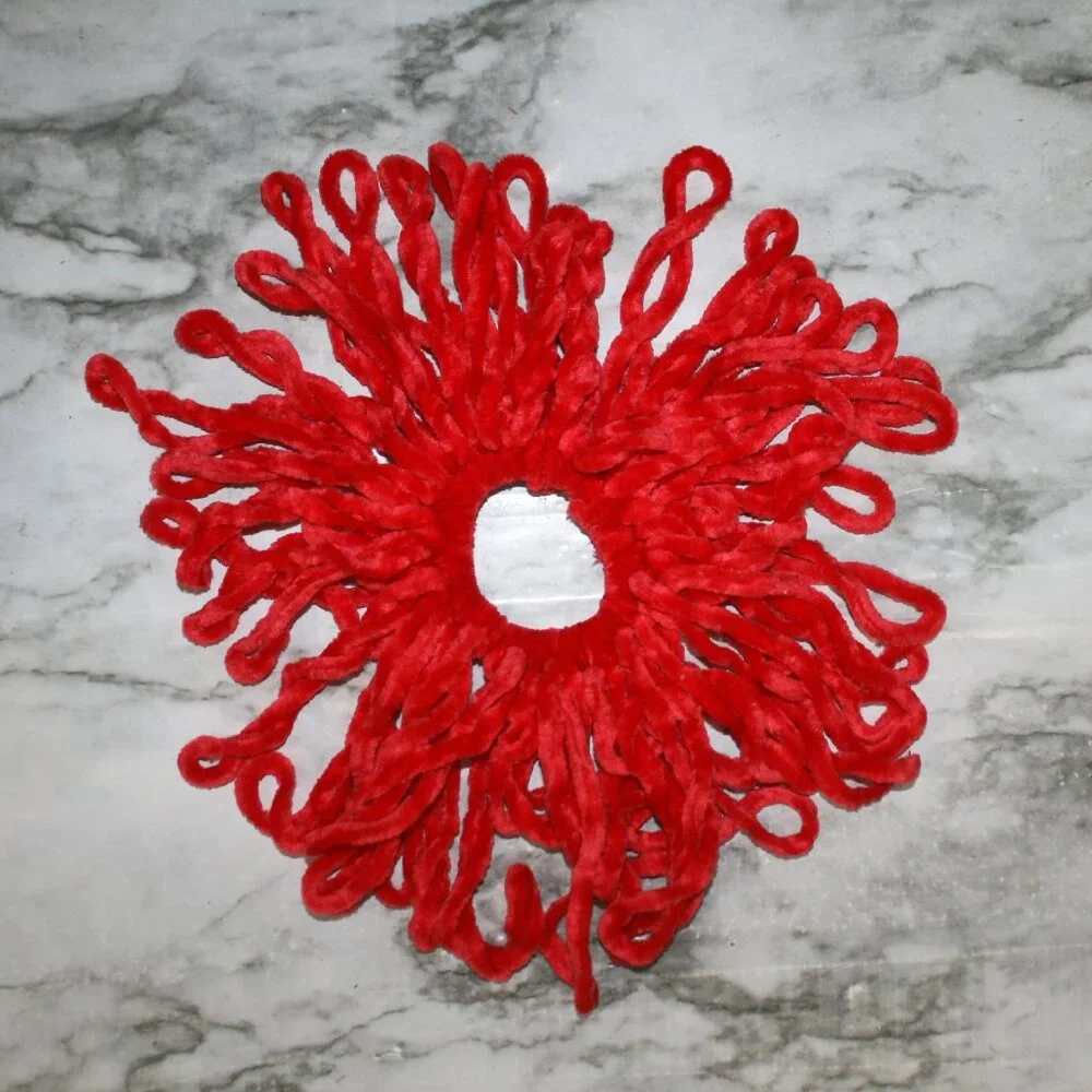 HAND CRAFTED Hair Scrunchie Fringe Crochet Kids Chenille Velvet Oversized Red